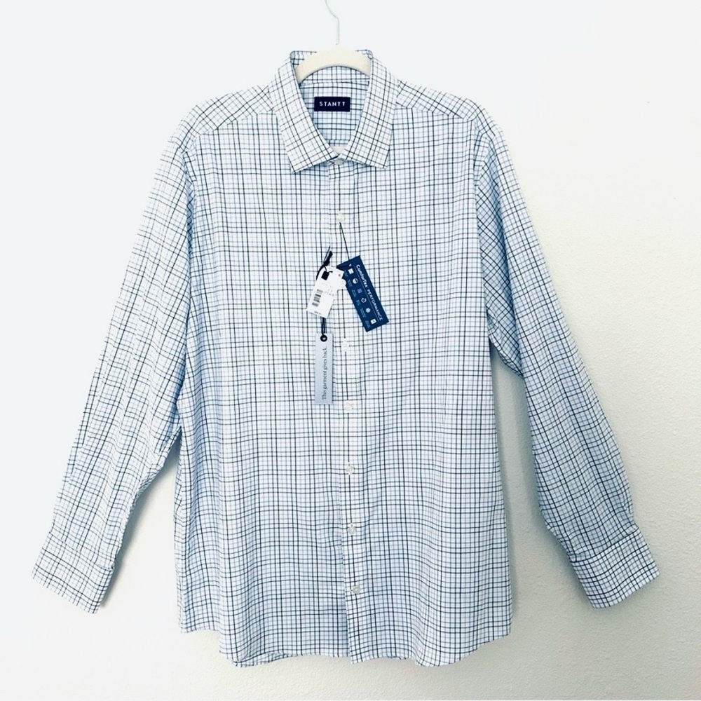 Stantt NEW Performance Tech Stretch Shirt Blue Black Plaid Men’s Size 17.5 34/35